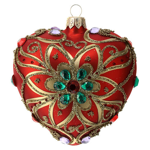 Heart Shaped Christmas bauble in red blown glass with green flower 100mm 1