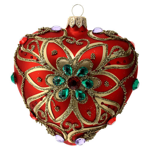 Heart Shaped Christmas bauble in red blown glass with green flower 100mm 3