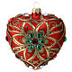 Heart Shaped Christmas bauble in red blown glass with green flower 100mm s1