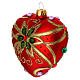 Heart Shaped Christmas bauble in red blown glass with green flower 100mm s2