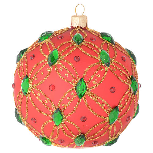 Christmas bauble in red blown glass with green stones 100mm 2