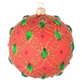 Christmas bauble in red blown glass with green stones 100mm