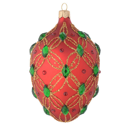 Bola de Navidad oval de vidrio soplado rojo y piedras verdes 130 mm 1