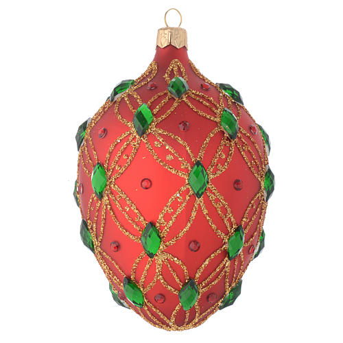 Bola de Navidad oval de vidrio soplado rojo y piedras verdes 130 mm 2