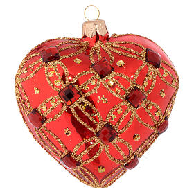 Heart Shaped Christmas bauble in red blown glass with red stones 100mm