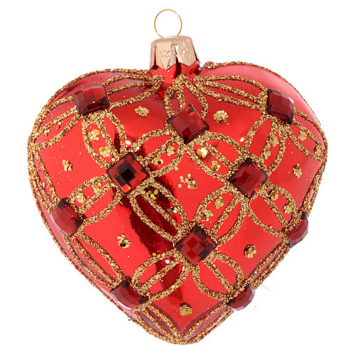 Heart Shaped Christmas bauble in red blown glass with red stones 100mm 1