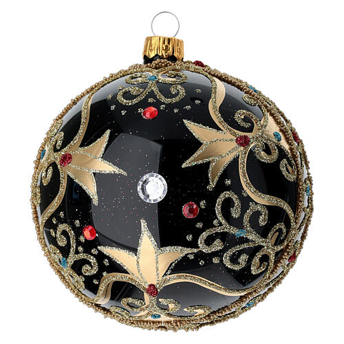 Bauble in black and gold blown glass with red stones 100mm 1