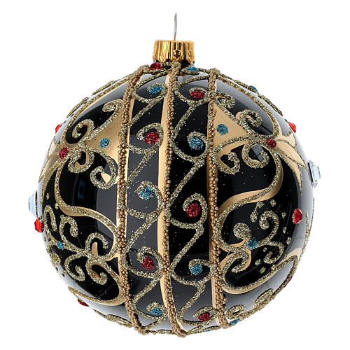 Bauble in black and gold blown glass with red stones 100mm 3