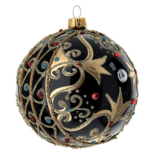 Bola de Navidad vidrio negro y oro y piedras rojas 100 mm 4