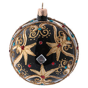 Bauble in black and gold blown glass with red stones 100mm