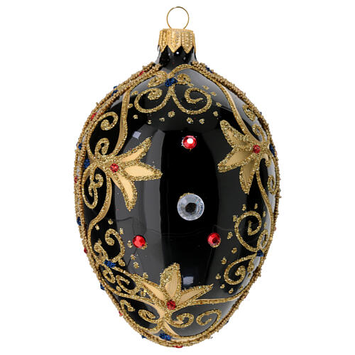 Oval bauble in black and gold blown glass with red stones 130mm 1