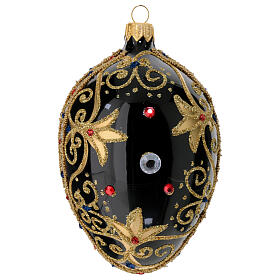 Bola de Navidad oval de vidrio negro y oro y  piedras rojas 130 mm