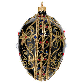 Bola de Navidad oval de vidrio negro y oro y  piedras rojas 130 mm