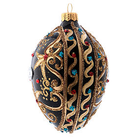 Oval bauble in black and gold blown glass with red stones 130mm