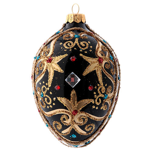 Oval bauble in black and gold blown glass with red stones 130mm 1