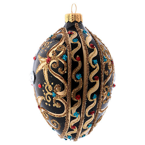 Oval bauble in black and gold blown glass with red stones 130mm 2