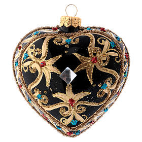 Heart Shaped bauble in black and gold blown glass with red stones 100mm