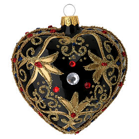 Heart Shaped bauble in black and gold blown glass with red stones 100mm