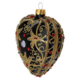 Heart Shaped bauble in black and gold blown glass with red stones 100mm