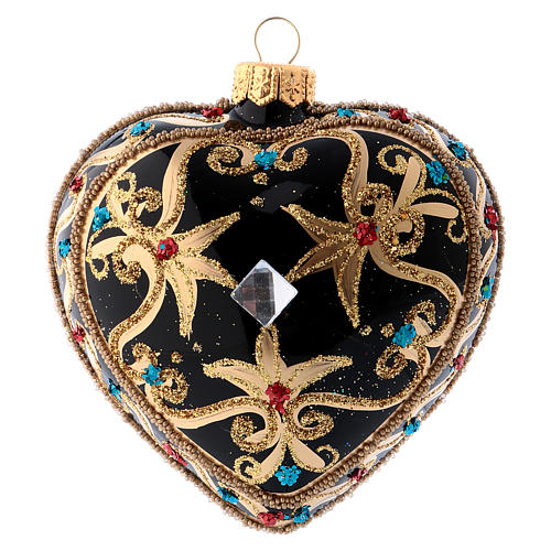 Heart Shaped bauble in black and gold blown glass with red stones 100mm 1
