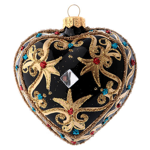 Heart Shaped bauble in black and gold blown glass with red stones 100mm 3