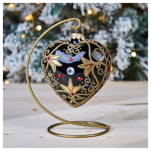 Heart Shaped bauble in black and gold blown glass with red stones 100mm 2