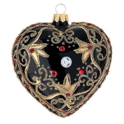 Heart Shaped bauble in black and gold blown glass with red stones 100mm 4
