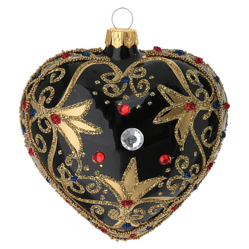 Bola de Navidad corazón vidrio negro y oro y piedras rojas 100 mm 3