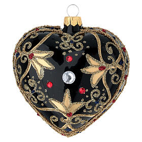 Heart Shaped bauble in black and gold blown glass with red stones 100mm