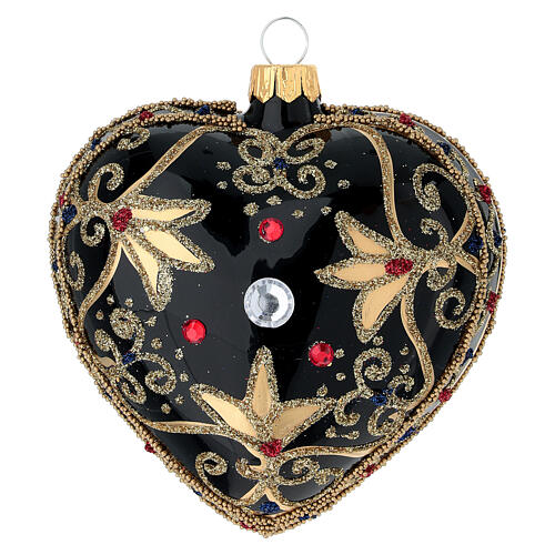 Heart Shaped bauble in black and gold blown glass with red stones 100mm 1