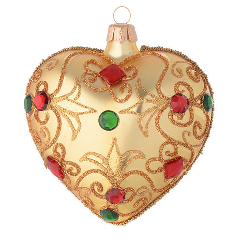 Heart Shaped bauble in gold blown glass with stones 100mm 1