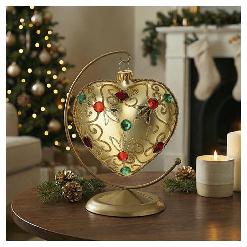 Heart Shaped bauble in gold blown glass with stones 100mm 2