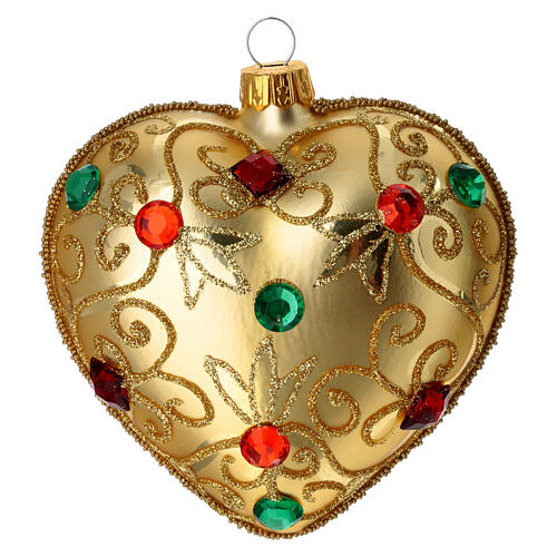 Bola de Navidad corazón de vidrio soplado oro y piedras artificiales 100 mm 1