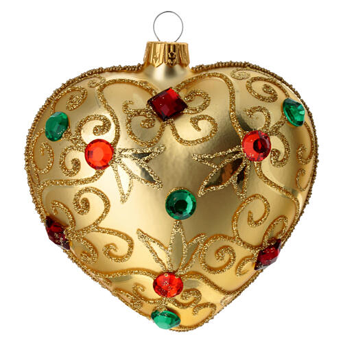 Bola de Navidad corazón de vidrio soplado oro y piedras artificiales 100 mm 3