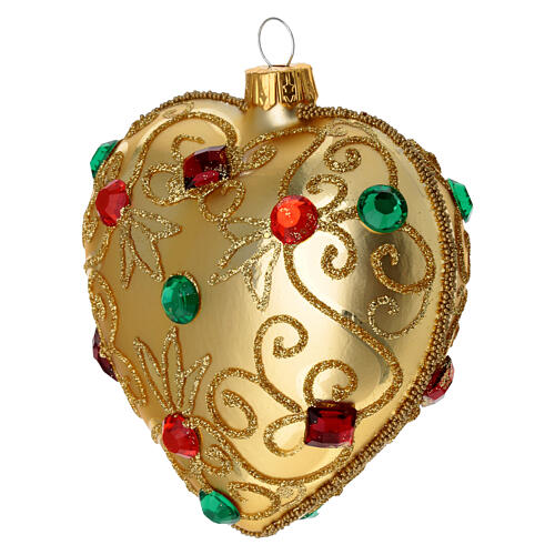 Bola de Navidad corazón de vidrio soplado oro y piedras artificiales 100 mm 3