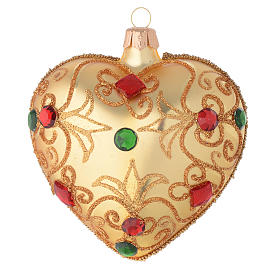 Heart Shaped bauble in gold blown glass with stones 100mm