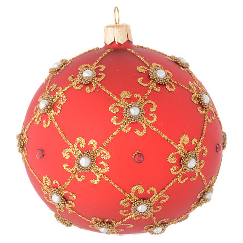 Weihnachtskugel aus mundgeblasenem Glas Grundton Rot mit goldenen Verzierungen und Perlen 100 mm 1