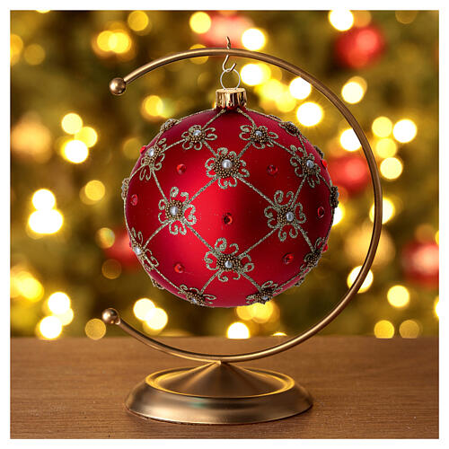 Boule verre soufflé perles, rouge et or 100 mm 2