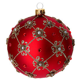 Bauble in red blown glass with pearls and gold decorations 100mm