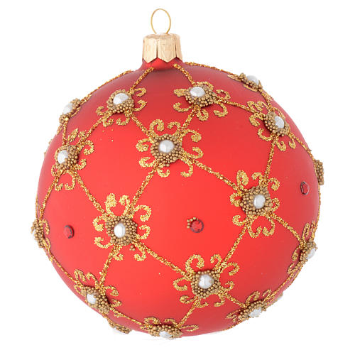 Bauble in red blown glass with pearls and gold decorations 100mm 2