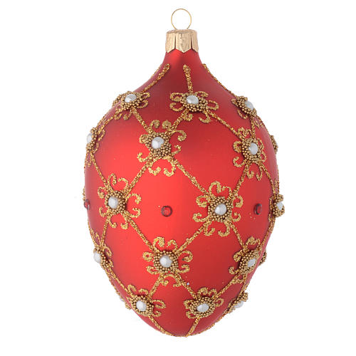 Oval bauble in red blown glass with pearls and gold decorations 130mm 1