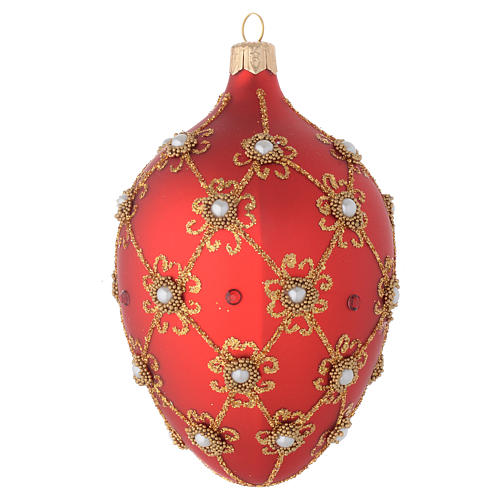 Oval bauble in red blown glass with pearls and gold decorations 130mm 2