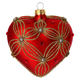 Heart Shaped bauble in red blown glass with pearls and gold decorations 100mm