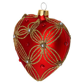 Heart Shaped bauble in red blown glass with pearls and gold decorations 100mm