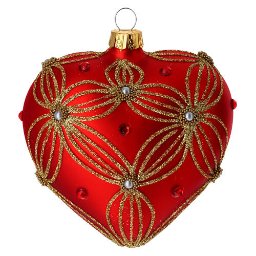 Heart Shaped bauble in red blown glass with pearls and gold decorations 100mm 3