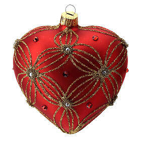 Heart Shaped bauble in red blown glass with pearls and gold decorations 100mm
