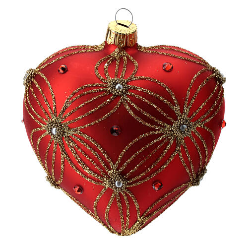 Heart Shaped bauble in red blown glass with pearls and gold decorations 100mm 1