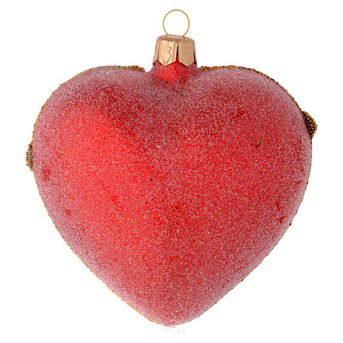 Heart Shaped bauble in red blown glass with pearls and gold decorations 100mm 2