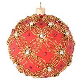 Weihnachtskugel aus mundgeblasenem Glas Grundton Rot mit goldenen Verzierungen und Perlen 100 mm