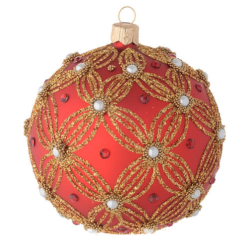 Weihnachtskugel aus mundgeblasenem Glas Grundton Rot mit goldenen Verzierungen und Perlen 100 mm 3